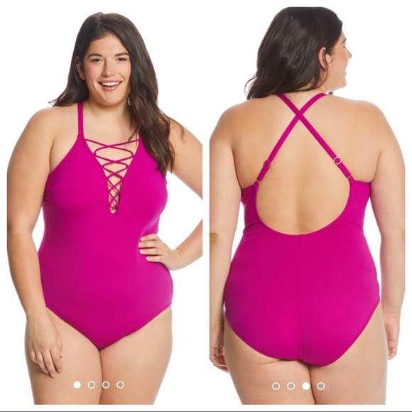 NWT! La Blanca Plus Size Island Goddess Lace-Up One Piece Swimsuit - Picture 1 of 8